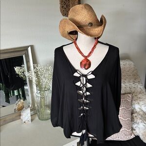 Indah revolve Lace Up black boho resort cover up Beachy slouchy Top ML